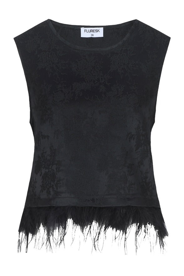 Top met veren Fluresk Ilfa in zwart – mouwloos jacquard met verenzoom, voorkant | Jo&Co Club