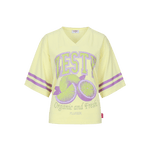 Fluresk Top Yanelis | Citrus geel – Sporty T-shirt met V-hals, paarse strepen en 'Zesty' citrusprint | Jo&Co Club