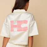HEYB Club Bowy Jacket crème - Satijnen jasje met roze HC logo op de rug | Jo&Co Club