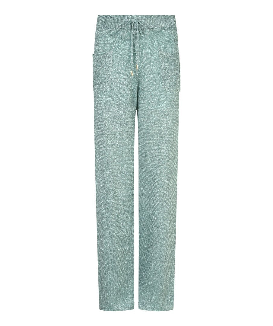 Broek HEYB Club Charly Trousers azurblauw – glitterbroek met rechte pijpen en strikkoord | Jo&Co Club