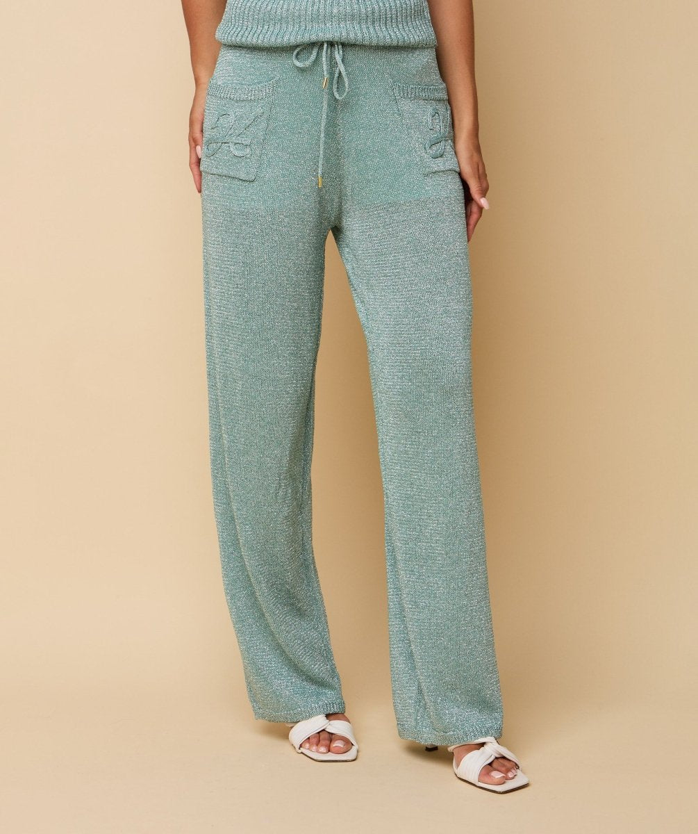 HEYB Club Charly Trousers in Azure Blue – Sprankelende wide leg broek met logozakken | Jo&Co Club