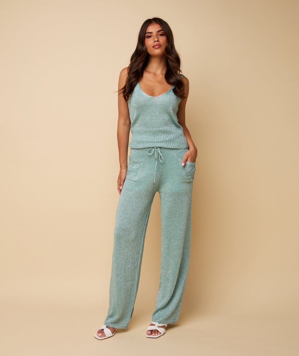 HEYB Club Charly Trousers Azurblauw – Gebreide wide leg broek met Lurex en strikkoord | Jo&Co Club