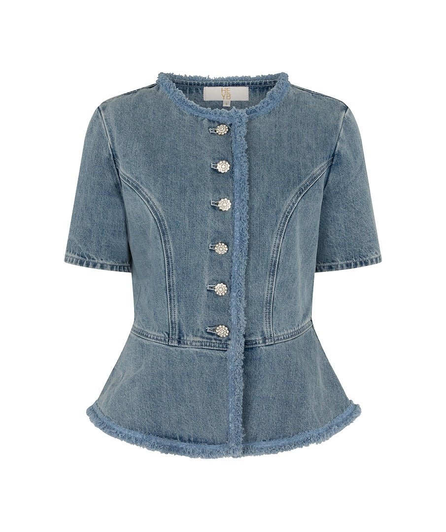 Productfoto lichtblauwe denim peplum top HEYB Club Paris | Jo&Co Club