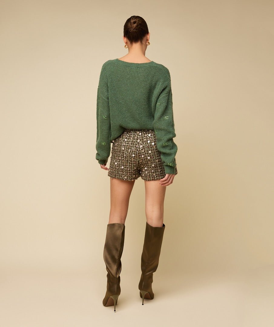 Achterkant of detail groene gebreide trui HEYB Club Milu | Jo&Co Club
