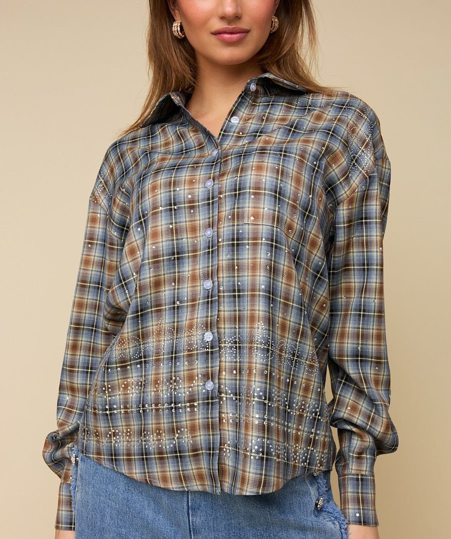 Model in geruite blouse met glans HEYB Club Sylvie | Jo&Co Club