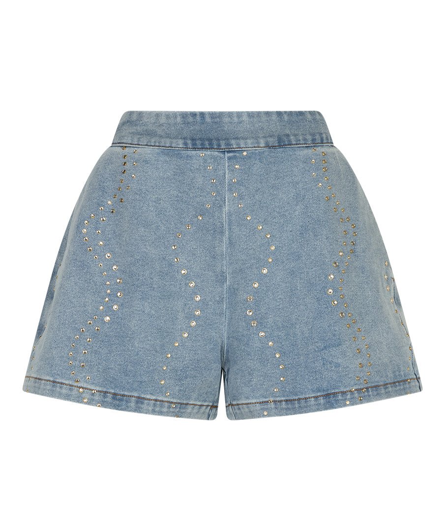 HEYB Club Gia Shorts in denim – A-lijn short met strass-steentjes in ruitpatroon | Jo&Co Club