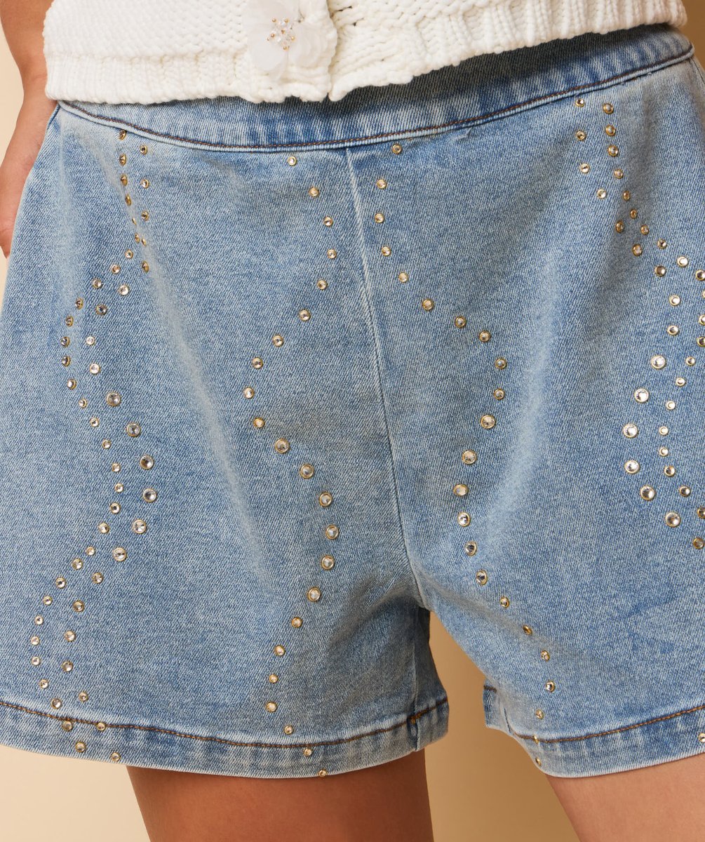 HEYB Club Gia Shorts in denim met golvende strass steentjes | Jo&Co Club