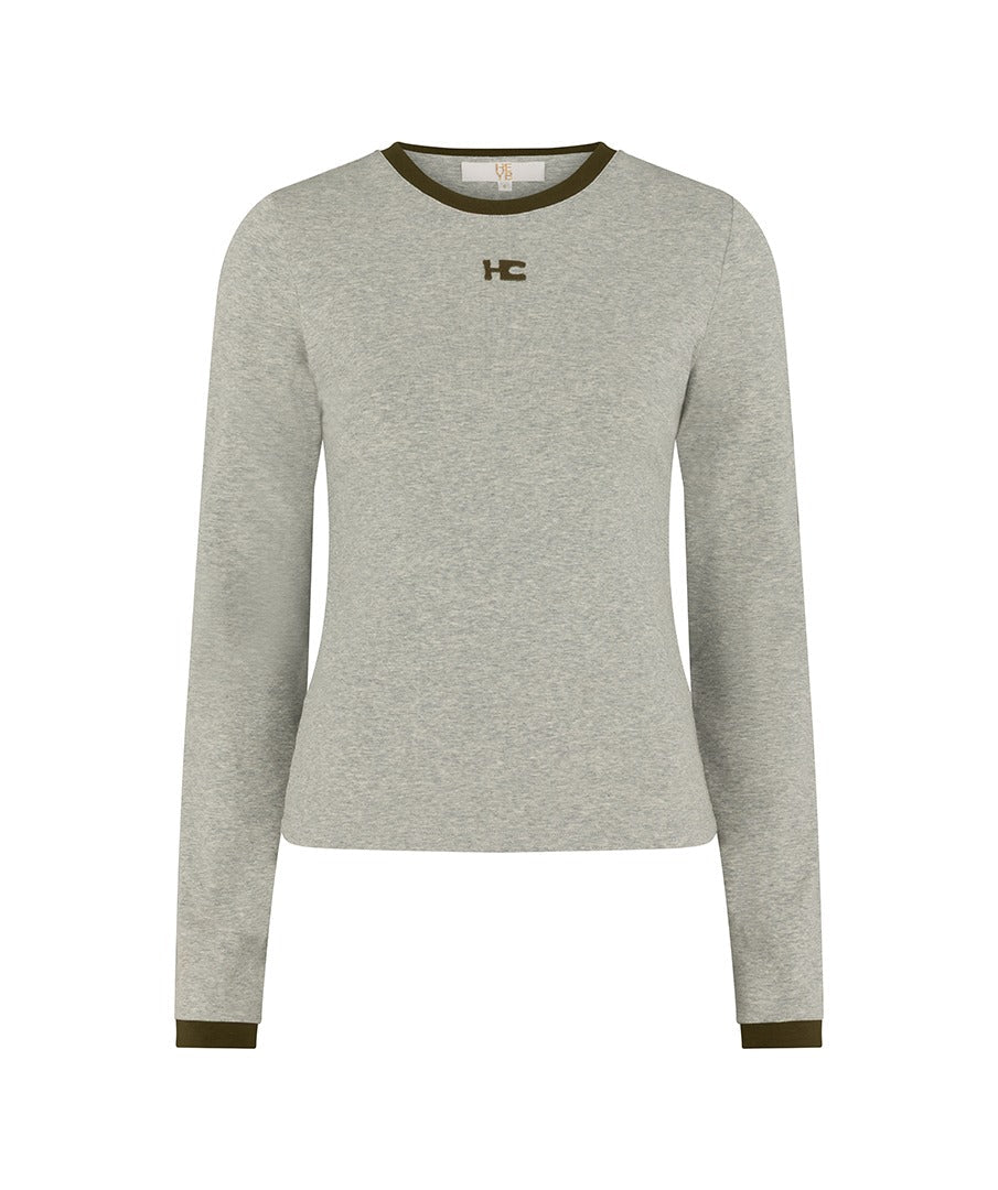 Productfoto grijze longsleeve met groene randjes en logo HEYB Club | Jo&Co Club