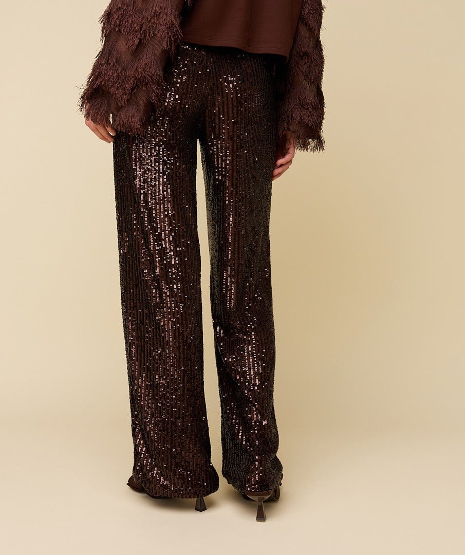 Achterkant of detail bruine pailletten broek HEYB Club Harper | Jo&Co Club