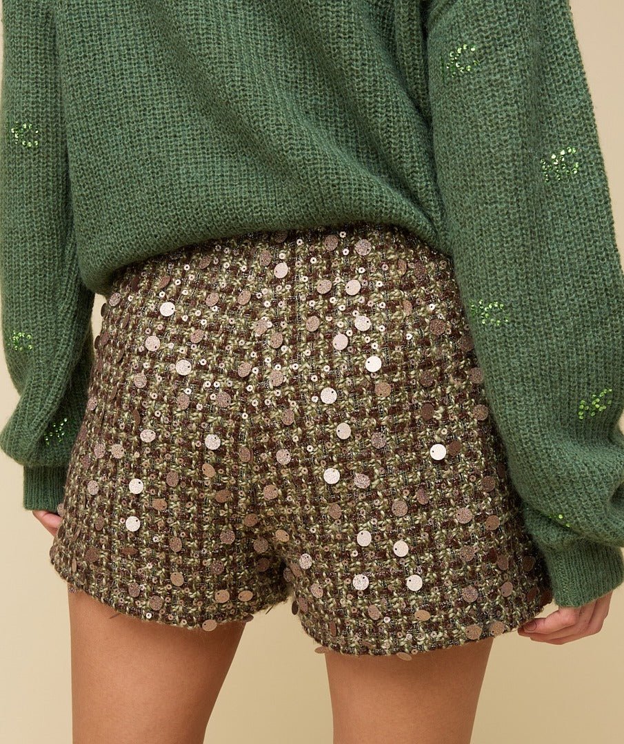 Achterkant of detail groen-bruine skort met pailletten HEYB Club Mandy | Jo&Co Club