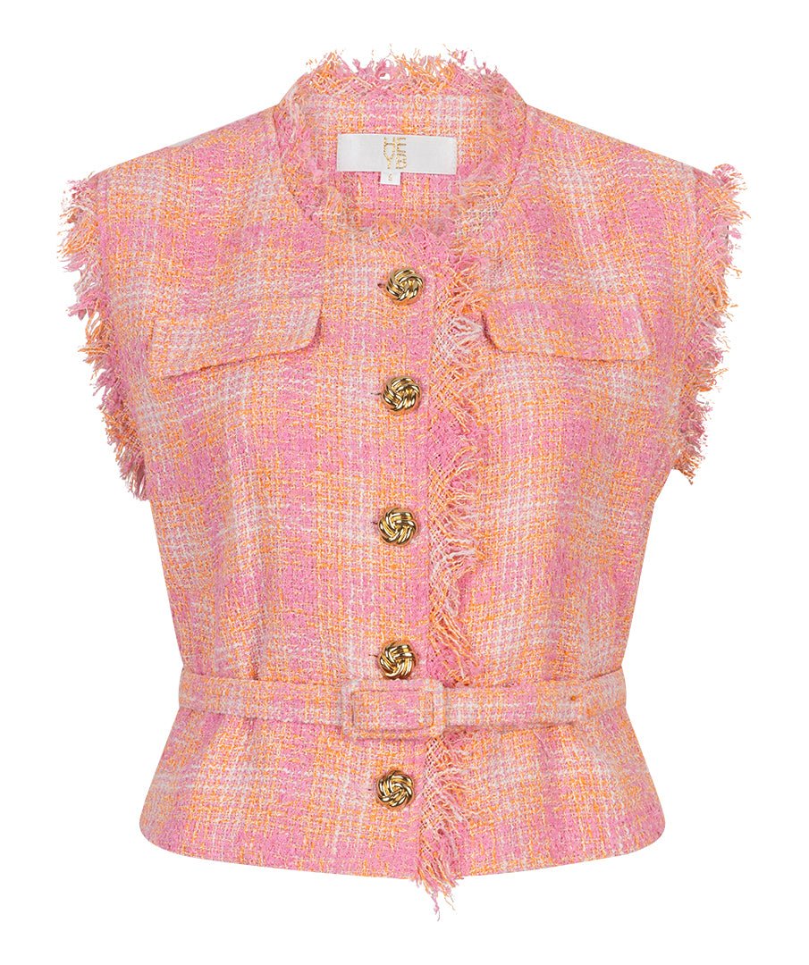 HEYB Club Summer Gilet in oranje/roze tweed met ceintuur en gouden knopen | Jo&Co Club