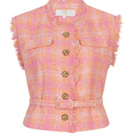 HEYB Club Summer Gilet in oranje/roze tweed met ceintuur en gouden knopen | Jo&Co Club