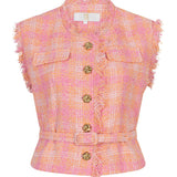HEYB Club Summer Gilet in oranje/roze tweed met ceintuur en gouden knopen | Jo&Co Club