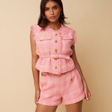 HEYB Club Summer Gilet in roze/oranje tweed met ceintuur en gouden knopen | Jo&Co Club