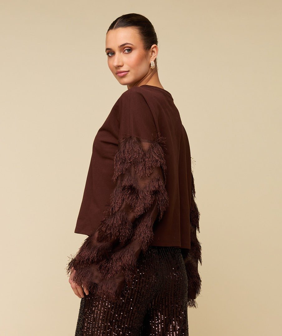 Achterkant of detail top met verenmouwen HEYB Club Dani in bruin | Jo&Co Club