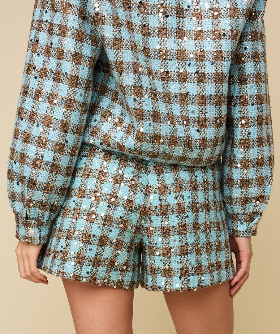 Achterkant of detail blauw-bruin tweed jasje met pailletten HEYB Club Romee | Jo&Co Club