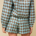 Achterkant of detail blauw-bruin tweed jasje met pailletten HEYB Club Romee | Jo&Co Club