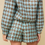 Achterkant of detail blauw-bruin tweed jasje met pailletten HEYB Club Romee | Jo&Co Club