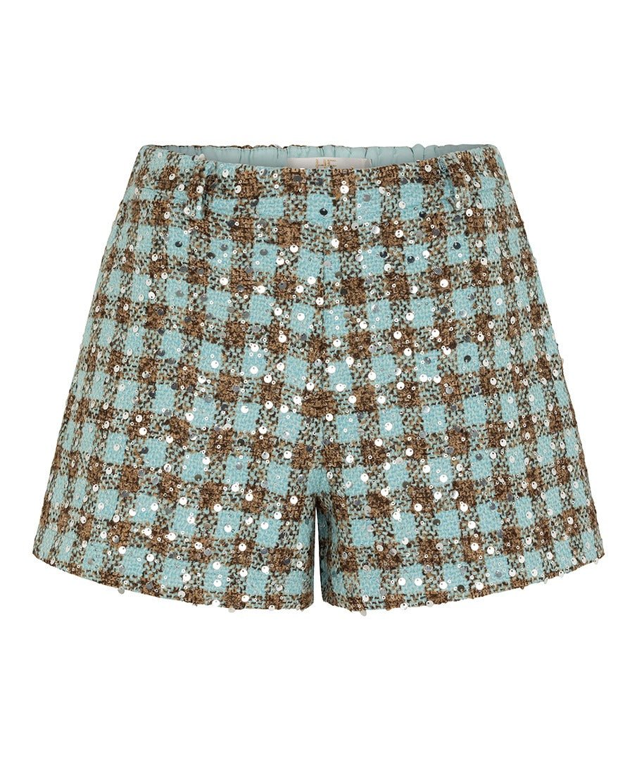 Productfoto blauw-bruine tweed short met pailletten HEYB Club Romee | Jo&Co Club