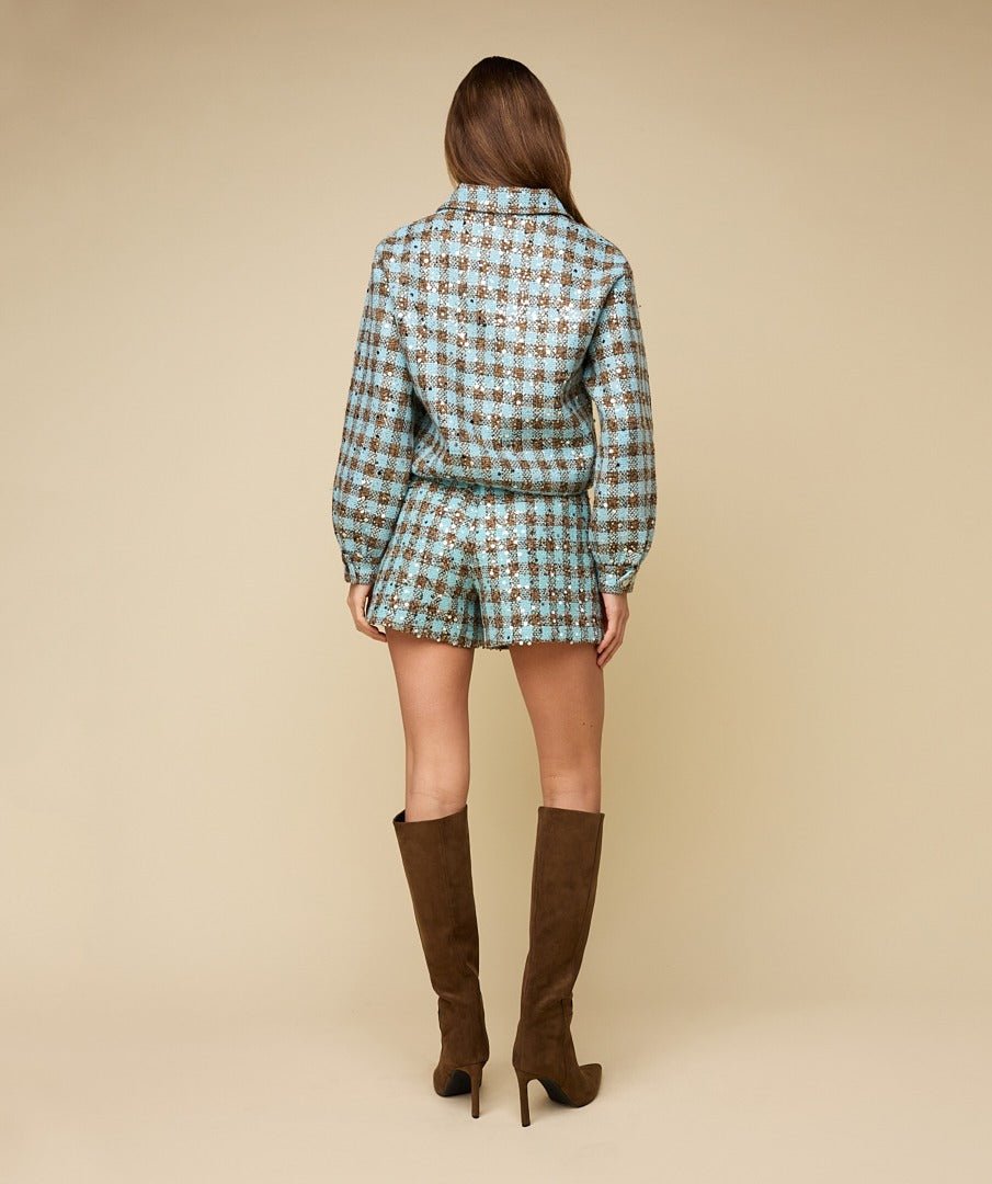 Achterkant of detail blauw-bruine tweed short met pailletten HEYB Club Romee | Jo&Co Club