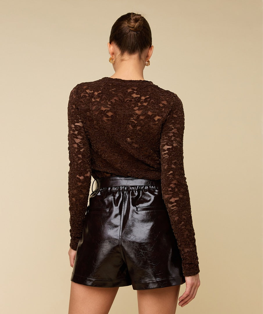 Achterkant of detail bruine kanten top met lange mouwen HEYB Club Velvet Lacey | Jo&Co Club