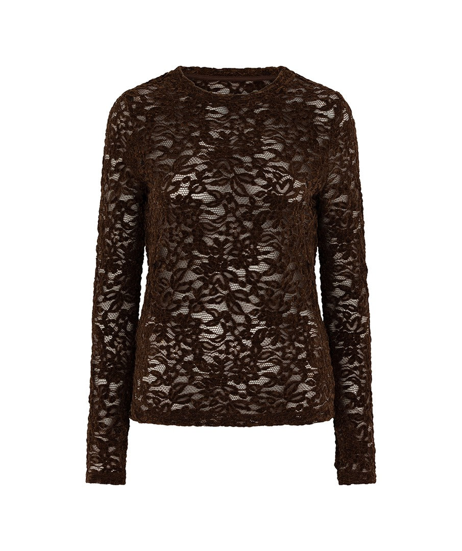 Productfoto bruine kanten top met lange mouwen HEYB Club Velvet Lacey | Jo&Co Club