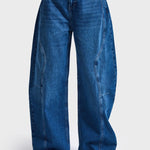 Barrel jeans It's Basic in middenblauw – ronde ballonpijpen met gebogen naden | Jo&Co Club