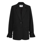 Productfoto zwarte relaxte blazer Jadie – reverskraag, twee knopen en klepzakken, voorkant | Jo&Co Club