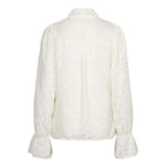 Achterkant crème blouse Jett – jacquard met bladmotief en lange mouwen met volant | Jo&Co Club