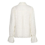 Achterkant crème blouse Jett – jacquard met bladmotief en lange mouwen met volant | Jo&Co Club