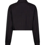 productfoto van de viola blouse van lofty manner in zwart met gouden krijtstreep.