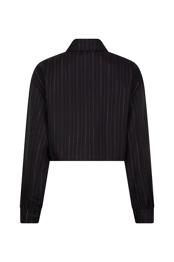 productfoto van de viola blouse van lofty manner in zwart met gouden krijtstreep.