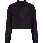 productfoto van de viola blouse van lofty manner in zwart met gouden krijtstreep.