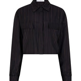 productfoto van de viola blouse van lofty manner in zwart met gouden krijtstreep.