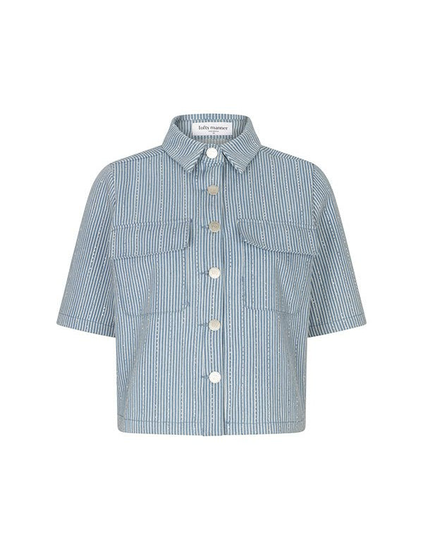 Een kortgemouwde, cropped blouse met een blauw en wit verticaal streeppatroon | Lofty Manner Hera | Jo&Co Club