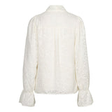 Achterkant crème blouse Jett – jacquard met bladmotief en lange mouwen met volant | Jo&Co Club