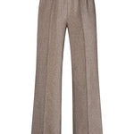 Productfoto taupe lurex broek Inna – elastische tailleband, persplooi en wijde pijpen, voorkant | Jo&Co Club