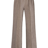 Productfoto taupe lurex broek Inna – elastische tailleband, persplooi en wijde pijpen, voorkant | Jo&Co Club