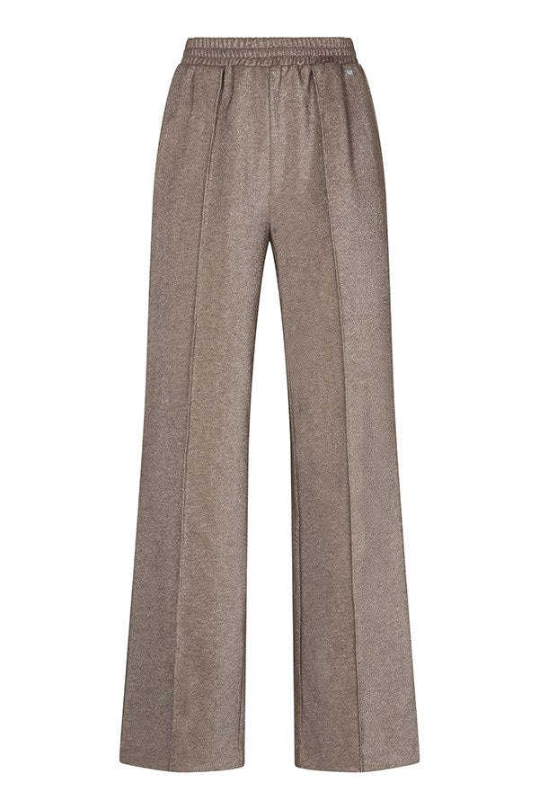 Productfoto taupe lurex broek Inna – elastische tailleband, persplooi en wijde pijpen, voorkant | Jo&Co Club