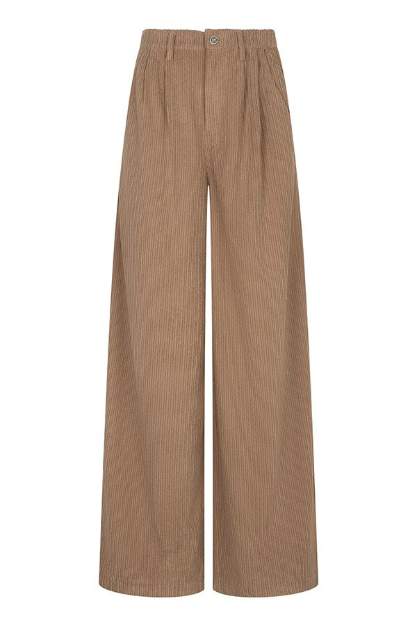 Productfoto wijde ribcord broek Josy in taupe – hoge taille en bandplooien, voorkant | Jo&Co Club