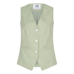 Een productfoto van een mouwloos gilet in een lichte, pistachegroene kleur, gepresenteerd | Lofty Manner Shirin | Jo&Co Club