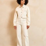 Lofty Manner Jacket Iselin | Ecru in Ecru, tweedelige set bestaande uit een cropped jack en een broek met wide leg