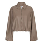 Productfoto taupe kunstleren jack Jillie – cocoonvorm, puntkraag, rits en ballonmouwen | Jo&Co Club