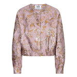 Productfoto roze jacquard bomberjack Jules – abstract goud-zilver patroon en verdekte sluiting | Jo&Co Club
