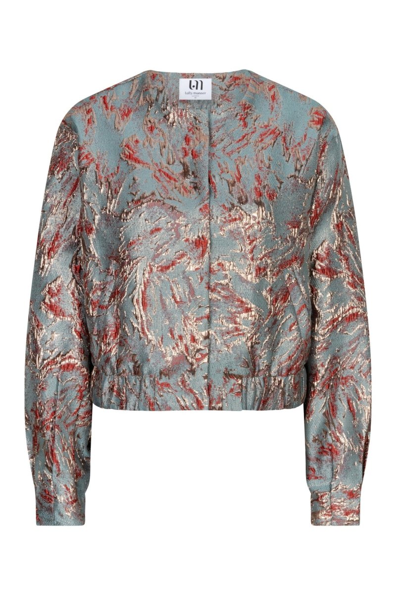 Productfoto jacquard bomberjack Lofty Manner Jules – bladmotief in rood, roze en goud | Jo&Co Club