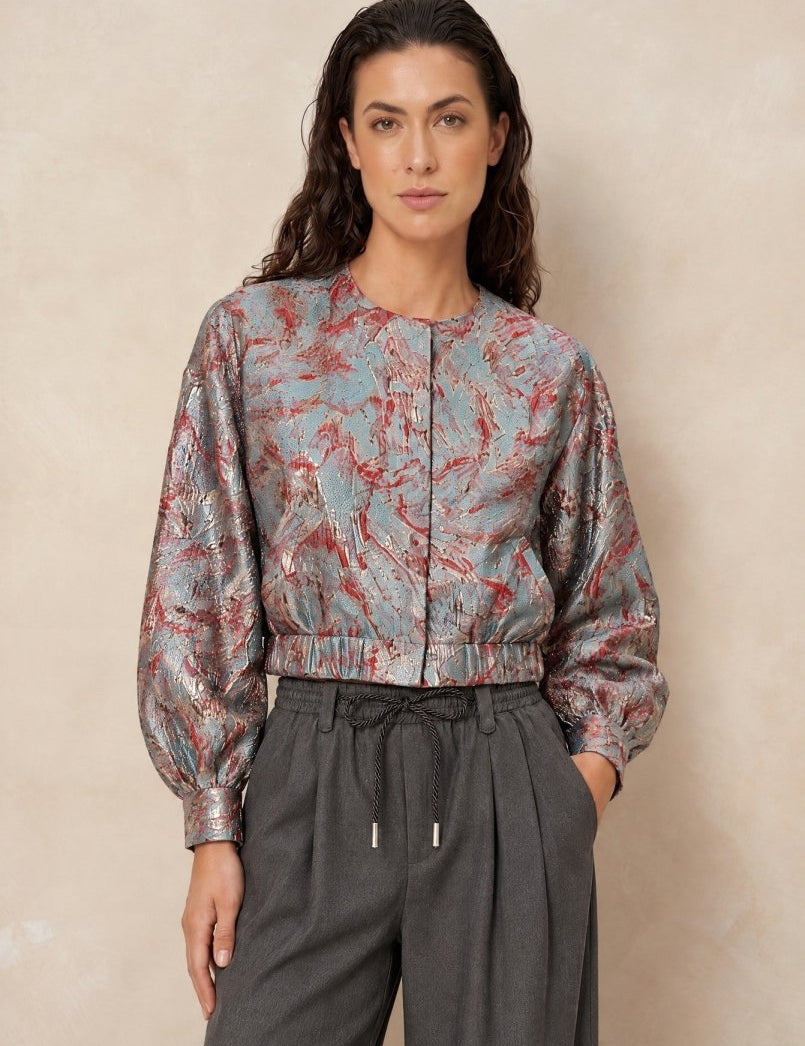 Jacquard bomberjack Lofty Manner Jules in grijsgroen op een grijze pantalon | Jo&Co Club