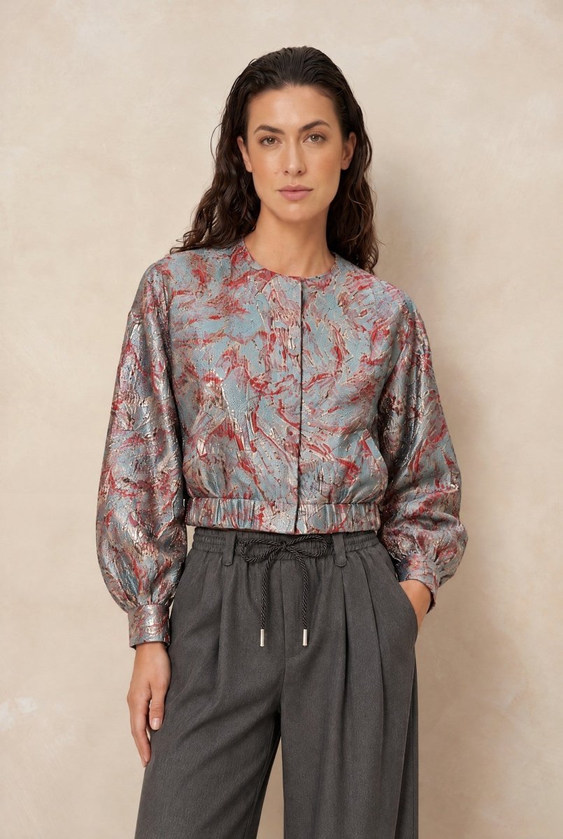 Jacquard bomberjack Lofty Manner Jules in grijsgroen op een grijze pantalon | Jo&Co Club