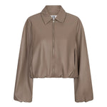 Productfoto taupe kunstleren jack Jillie – cocoonvorm, puntkraag, rits en ballonmouwen | Jo&Co Club