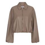 Productfoto taupe kunstleren jack Jillie – cocoonvorm, puntkraag, rits en ballonmouwen | Jo&Co Club