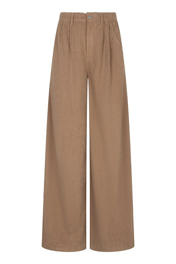 Productfoto wijde ribcord broek Josy in taupe – hoge taille en bandplooien, voorkant | Jo&Co Club